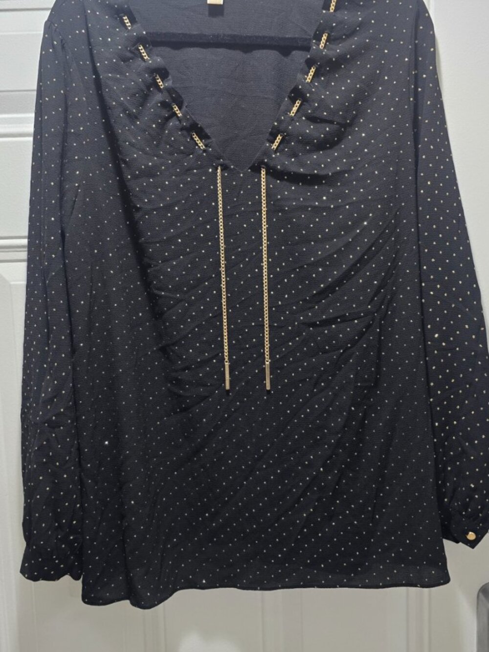 Michael Kors XL Black Gold Dot Ruffle Blouse Chain Tie Long Sleeve Stretch Top